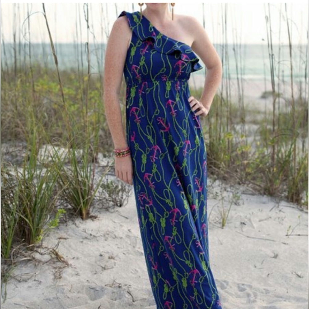 Tracy Negoshian Navy Anchor Kyle Asymmetrical Maxi Dress Size Small